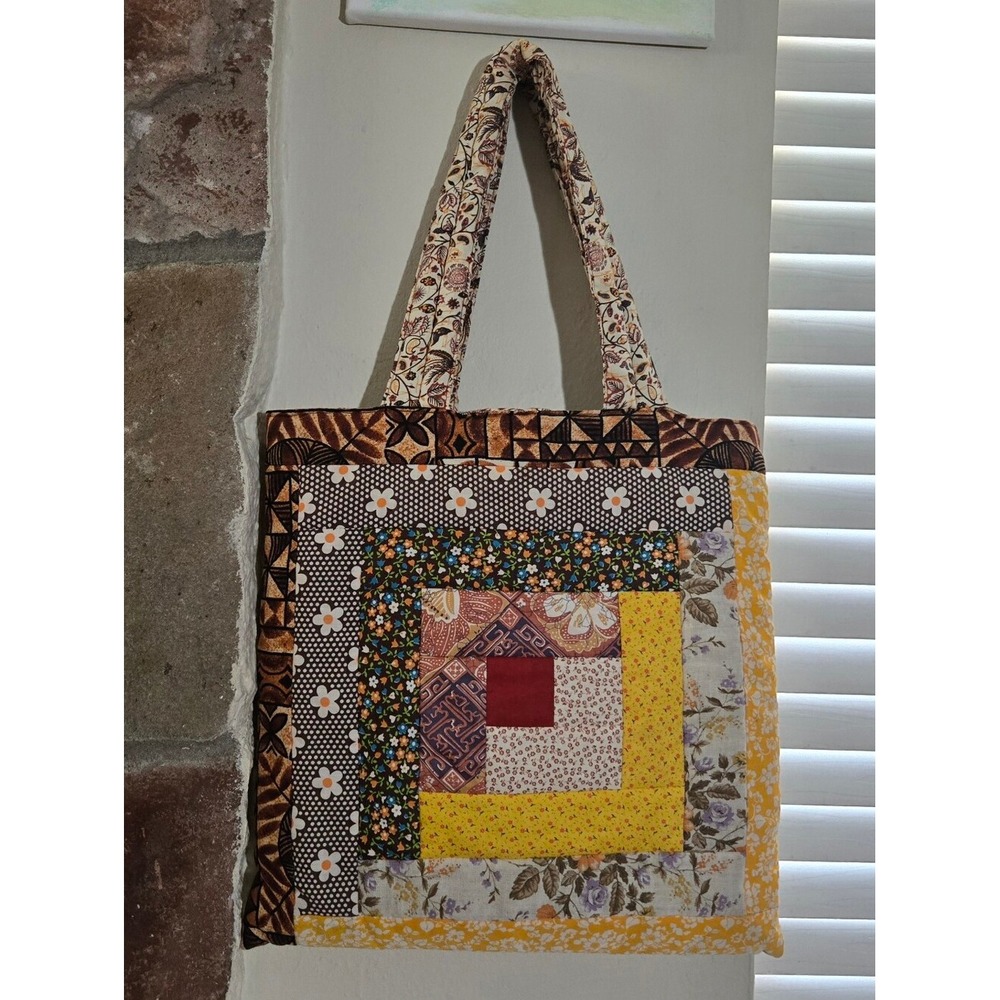 VTG 70s Handmade Reversible Quilted Patchwork Tote Bag Log Cabin Cottagecore